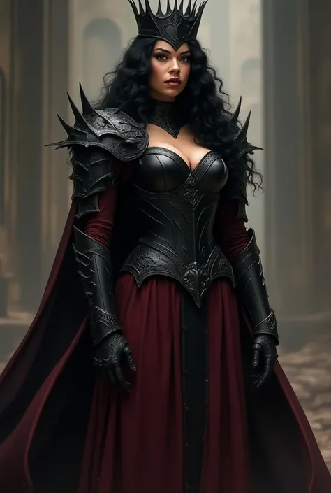 A full-body, realistic image of a warrior empress clad in a dark, gothic-inspired suit of armor. Her armor features sharp, dark steel shoulder guards with intricate detailing, giving her an imposing and majestic appearance. She wears a gown in deep wine-re...