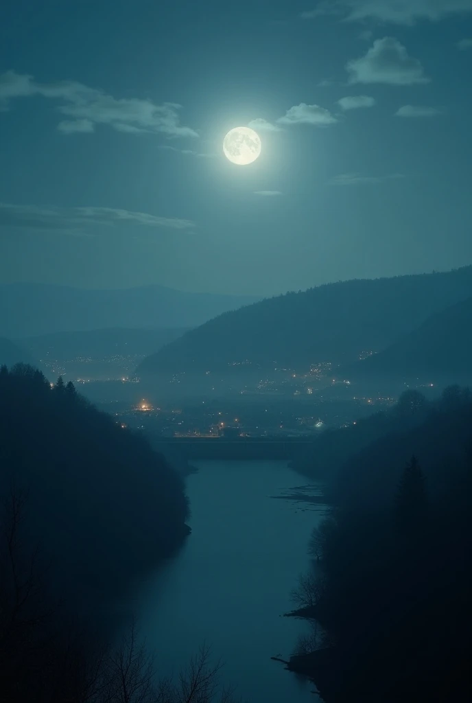 Panoramic view of the tiny inland town from the 1975s at night,  with a full moon in the clouds and a gentle mist over the dam, leaving the atmosphere dark and mysterious 