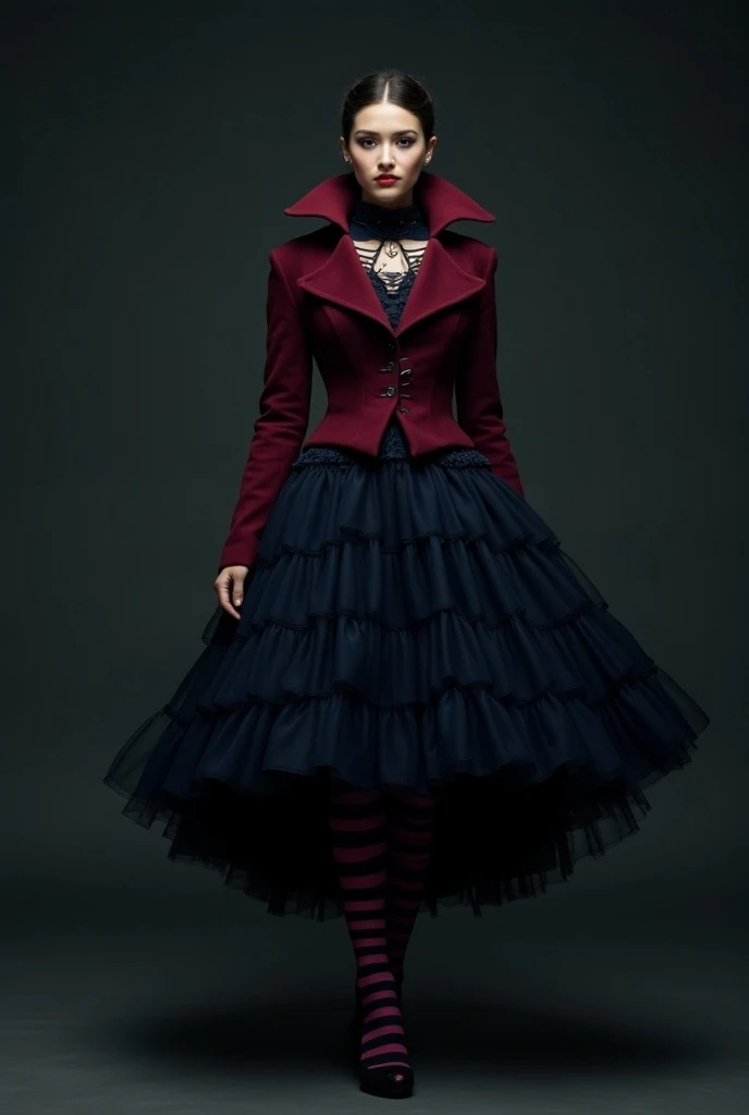 A witch costume with burgundy pointed shoulders jacket with high neck and a dark blue midi skirt with tule underneath and striped socks 