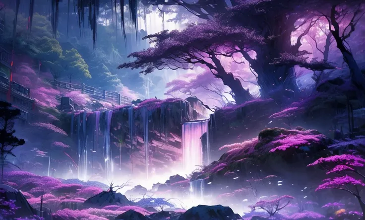 a brightly lit waterfall in a mountainous landscape with trees and rocks, epic retrowave art, violet theme, 21:9, neon and dark, dark woods in the background, inspired by Nōami, header, by Tyler Jacobson, by Edward Okuń