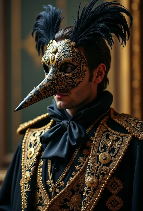 ((masterpiece)) ((photography)) ((Highest quality)) A regal man from the Baroque period, dressed in a richly decorated coat with gold embroidery, a high collar, and silk ribbons. His mask is grandiose, with a beak-like shape reminiscent of a plague doctor,...