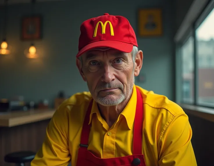  MAN IN YELLOW AND RED UNIFORM FROM THE COMPANY MC DONALDS,  CAP ON THE HEAD WITH THE LETTER M IN THE COLOR YELLOW , LOOKING SAD AND TIRED 