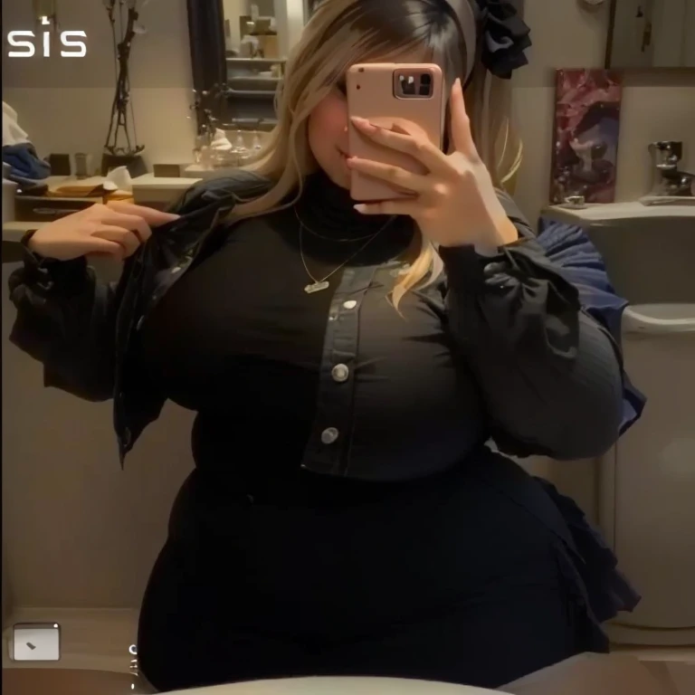 there is a woman taking a selfie in a mirror, she has a jiggly fat round belly, low quality video, her hand is on her waist, she is naked and showing her beautiful body, she is showing her pussy and boobs