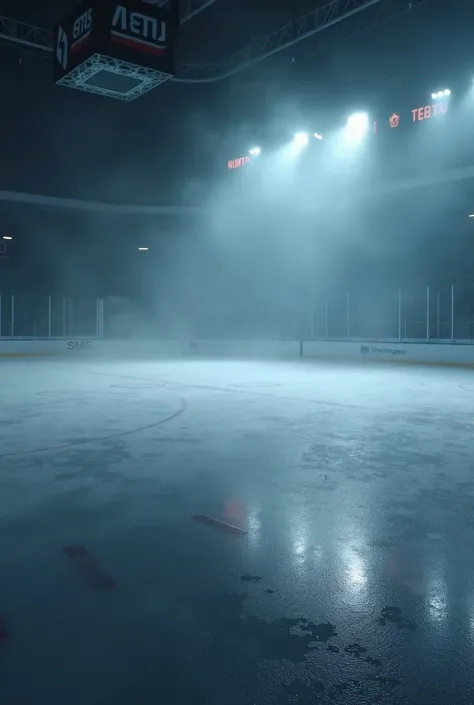 realistic hockey rink dimly lit with fog on the ice