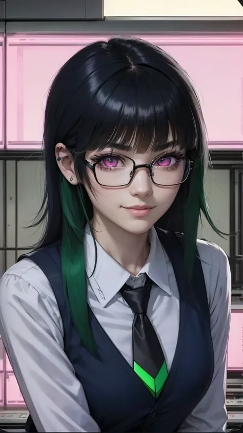 a japanes girl with black hair and glasses, in the style of dark navy and light white, anime-styled portraits, manga-styled portraits, kawai-styled portraits, high-definition, black hair, glasses, necktie, mole, long hair, shirt, collared shirt, piercing, ...