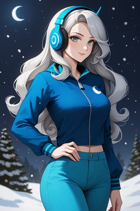  Draw Luna Snow, a beautiful gamer character with curly and platinum hair, using headphones and holding a joystick ,wearing Molenton pants , gray eyes,Cyan blue that refers to your name 