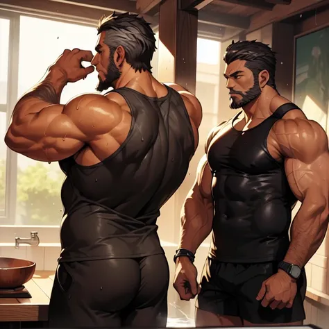  A handsome Iskandar , very lascivious, imposing,  Side view ,  then POV ,  full body, 50 years, short grey hair , thick gray beard ,  dark olive skin color , wide pectorals ,  huge pectorals ,  sexy pose,  He is in fourth place ,  He has his back ,  weari...