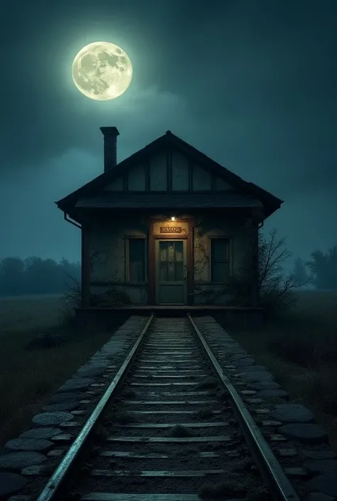 (image:  An old, decrepit train station under the moonlight )