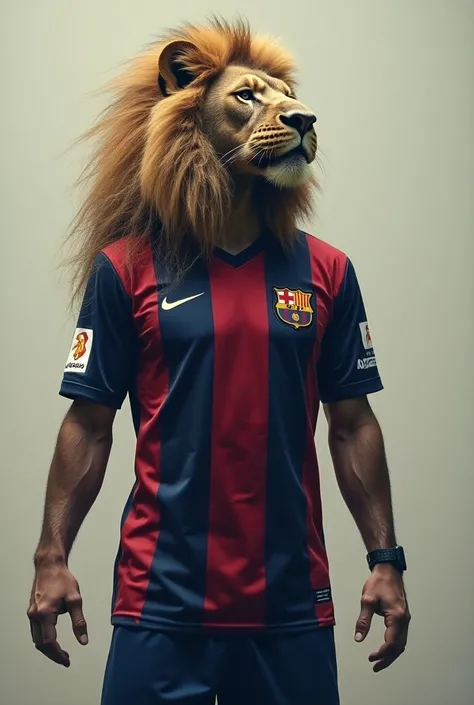 Messi wearing the Barcelona jersey with a lion merging and becoming just a monster, half lion half man 