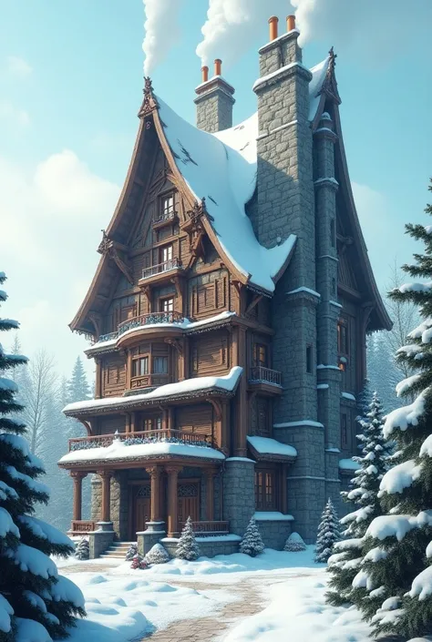 The Santa Claus gift factory: a very, very big cottage with chimneys and pipes, no characters and no religious symbols. 