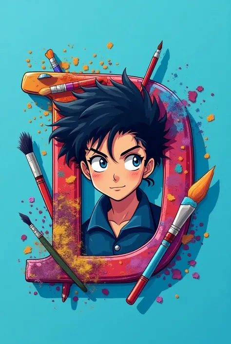 Create an image for a logo on the drawing , with the letter D and shades of blue with elements related to art such as pencils and Michael Jackson in anime style.