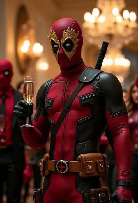 ((masterpiece)) ((photography)) ((Highest quality)) Deadpool at a grand masquerade ball, standing confidently in the spotlight with his classic red and black suit slightly modified to fit the formal occasion. He wears a ridiculous yet stylish masquerade ma...