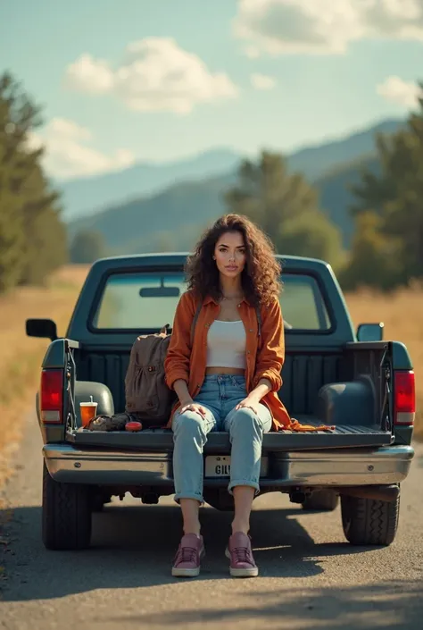 Brunette softly curly girl as hitchhiker over de bed of a pick un truck, girl seat down at the box of the back of a pick up truck, casual confortable clothes, backpack at the deck of the box, bottle, cap, perfect body, photorealistic, full body over the tr...