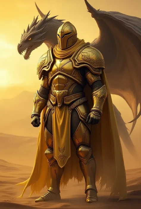 An image of an armored warrior named Rashir of the Golden Sands, with a helmet and more fortified armor, With a dragon behind him 