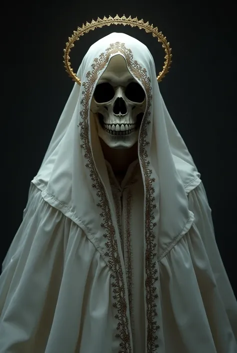 detailed grim reaper skull wearing beautiful embroidered white veil with black embroidery all over, flowy fabric details, gold embroidered borders, dramatic gold halo crown on top of the head, dark background, dark moody atmosphere, highly realistic, 8k, p...