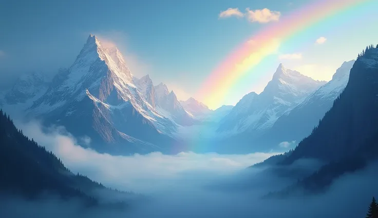  A view of mountains covered in light fog with a bright rainbow in the sky, rising after a storm .  The image symbolizes renewal ,  hope and Gods promises .