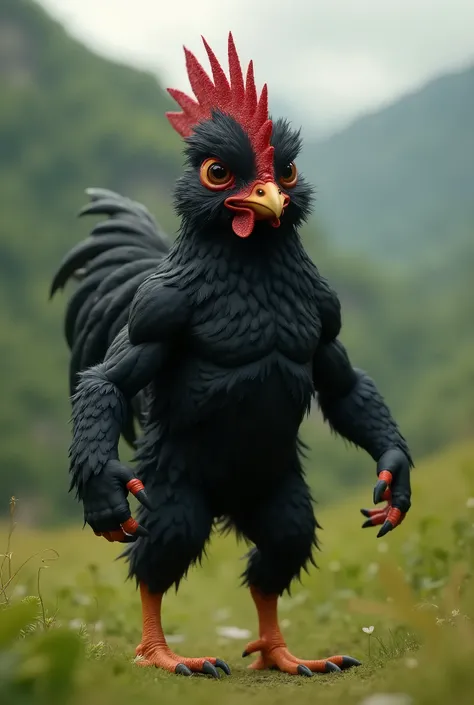 A chicken hybrid creature with a human body, black feathers, bright eyes, strong muscles, claws. Walk in the valley. Cute and adorable facial expressions.