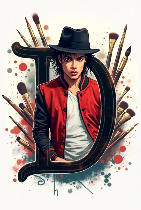 Create an image for a logo on the drawing , with the letter D and with elements related to art such as pencils and Michael Jackson in anime style.