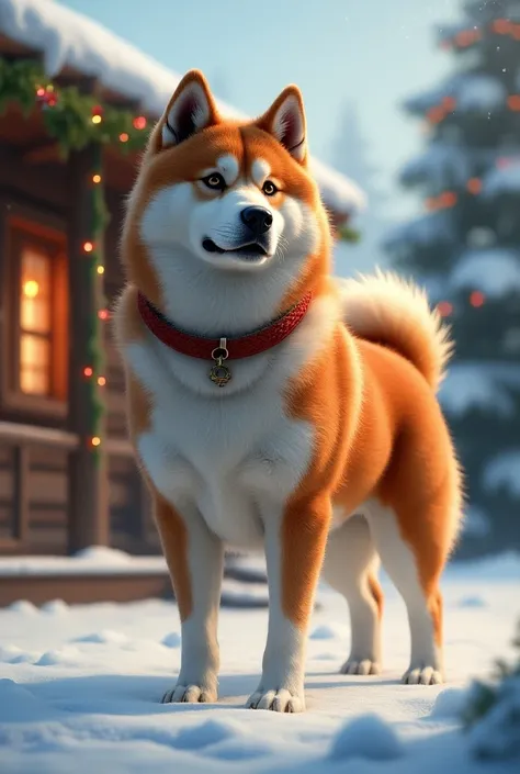 An akita dog in a Christmas setting 