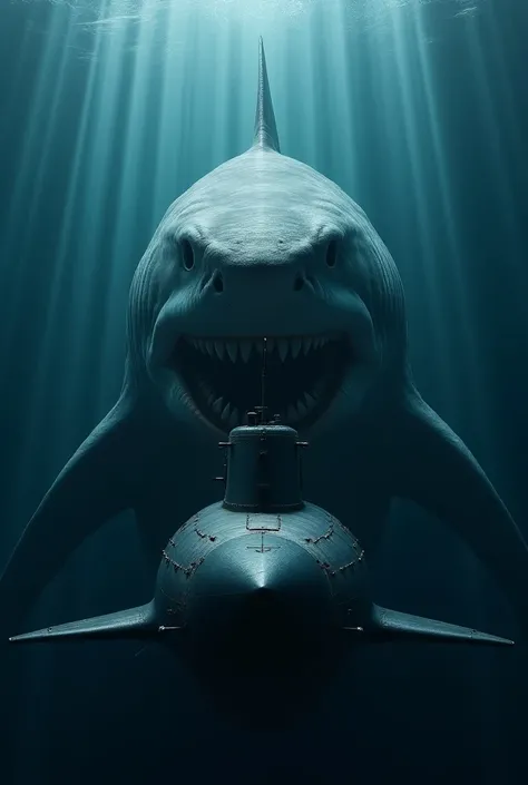 Ultra-realistic image of a massive shark facing a submarine in the ocean depths. The shark has a menacing, intense gaze, its mouth slightly open, revealing sharp teeth, with the full length of its powerful body visible, giving a sense of its massive scale....