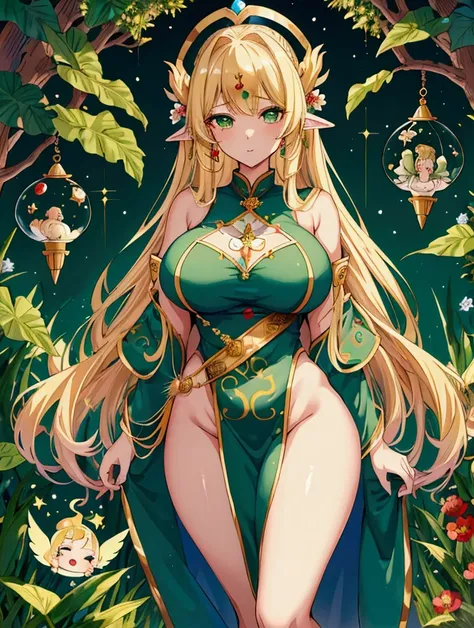 Best Quality, masterpiece,  super high definition, female、Large busty、sex appeal、美少female、Medium、 Bakudai Round Rocket Milk、Hourglass body type、 blonde long hair 、Forest Spirit、Dryad、aura、green body、 green skin