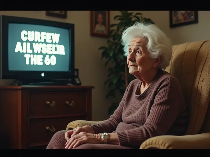  GRANDMOTHER SURPRISED WATCHING A LETTER AD ON TELEVISION THAT SAYS "CURFEW ANNOUNCED FOR EVERYONE UNDER 60 YEARS OLD BY :converse" 