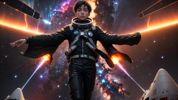 LOVEHIROHITO, a 17-year-old boy, is about to enter a freezer floating in space.Its about to get inside the refrigerator、1 person, 17-Year-Old Boy , it was the opposite black hair ,  black leather jacket,  wearing a black jacket ,  black pants, Open your ar...