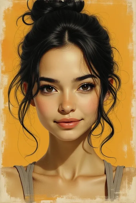 Young smiling woman with a raised eyebrow with a warning expression. Sketche, color palette from amber to detail, detailed features, beautiful and vintage style, high contrast lighting, expressive eyes, messy hair. (Best quality, high resolution, realistic...