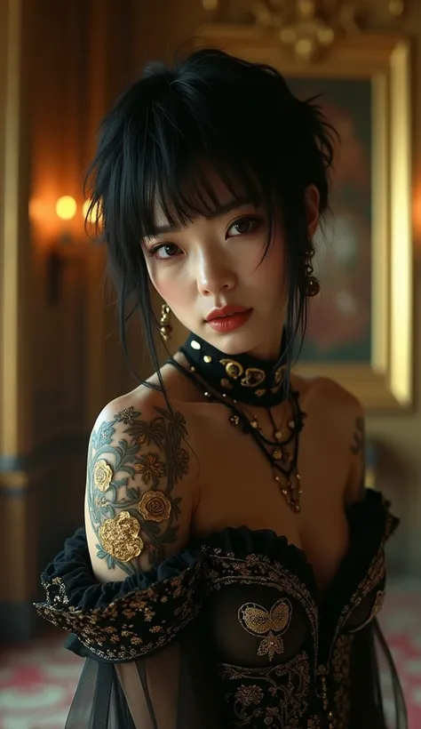 Sadist Japanese sexy dancer、Beautiful 25 year old woman、Detailed skin、 Jet Black Berry Short Pixie Cut、 A baroque palace 、Lord by Fear 、Queen of Sadism 、 immerse yourself in the world of sadomasochism 、Brutal smiles that give despair、Brutal Eyes 、 Immerse ...