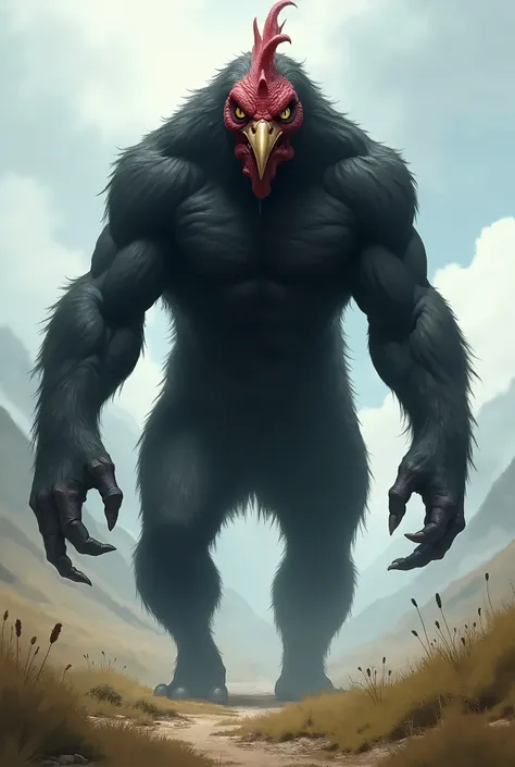 A giant chicken hybrid monster with a human body, black fur, sharp eyes, strong muscles, sharp claws. Walk in the valley. Creepy and angry facial expressions.