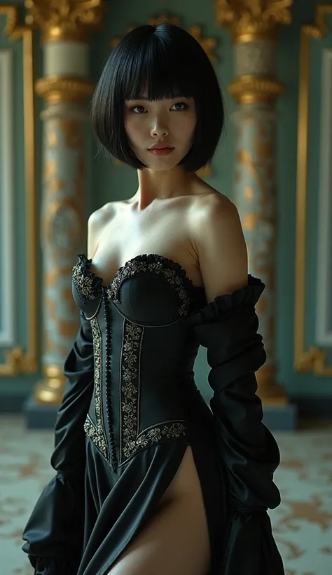 Sadist Japanese sexy dancer、Beautiful 25 year old woman、Detailed skin、 Jet Black Berry Short Pixie Cut、 A baroque palace 、Lord by Fear 、Queen of Sadism 、 immerse yourself in the world of sadomasochism 、Brutal smiles that give despair、Brutal Eyes 、 Immerse ...