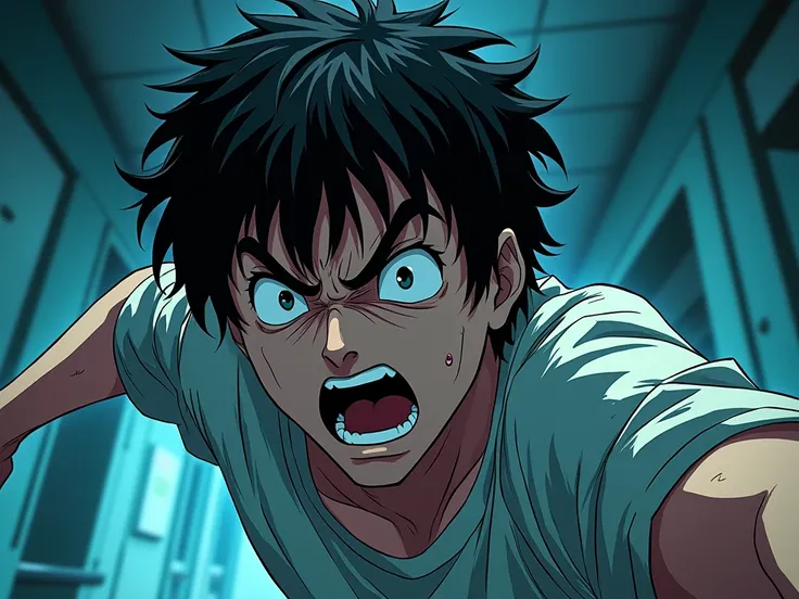 General plan dark-haired man , Scared, in a hurry, Trying to escape from the morgue. anime style comic 