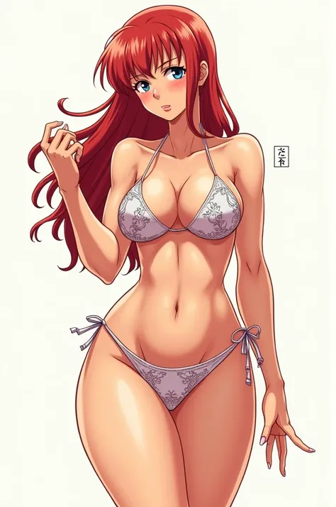 girl in bikini, blushing,Orihime Inoue,Bleach drawing style, with a lot of muscle,  marked abs 