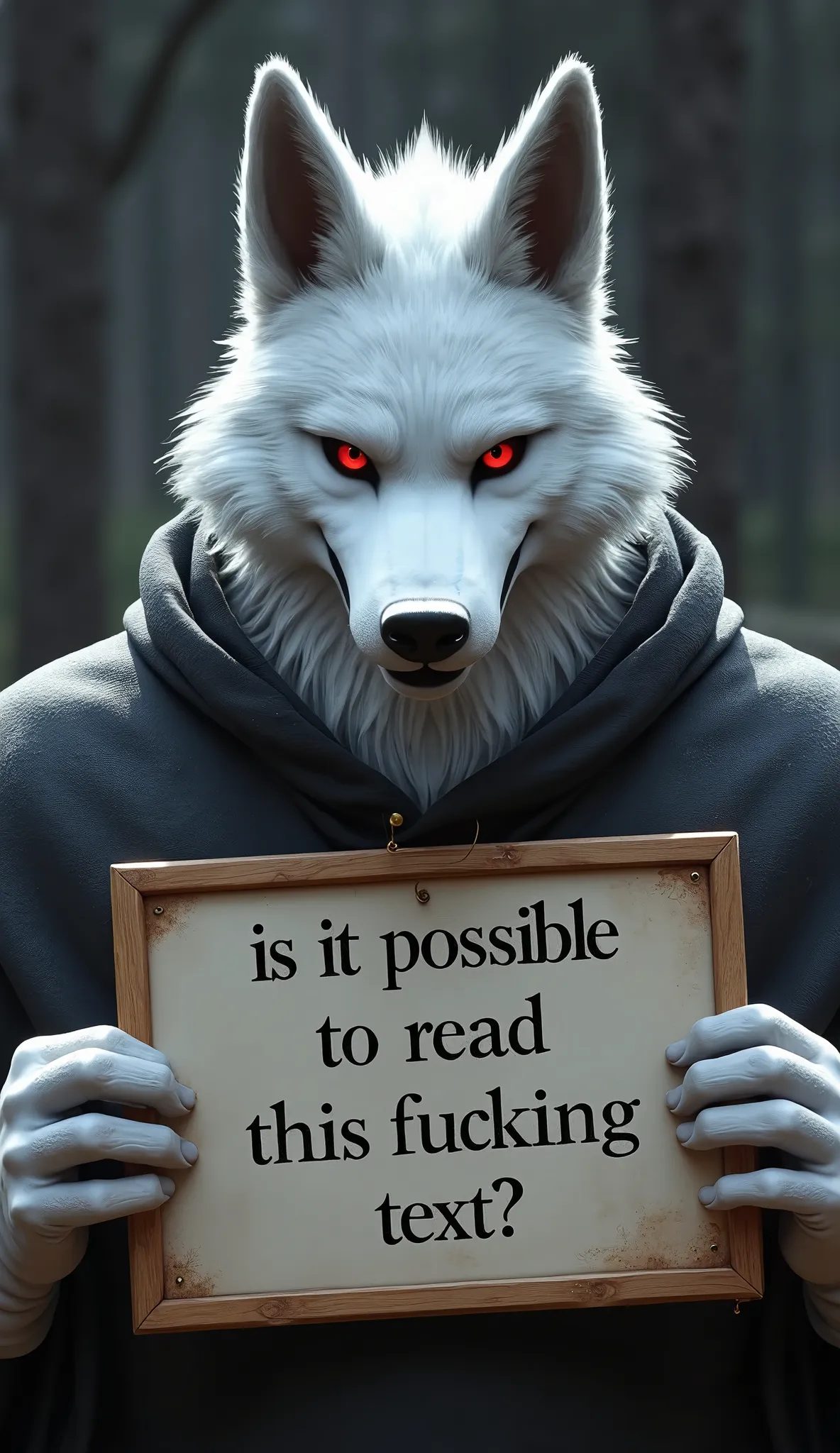 Death wolf, male muscular adult, red eyes, white fur, Looking at the viewer, Holds a sign with text. "is it possible to read this fucking text?" 