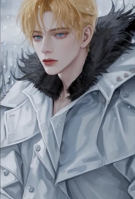 boy, Light yellow hair , Blue eyes,  sharp features ,  white skin, While its snowing , battleground, Soviet soldier , (( black fur coat )), All clothes are black , Close-up view,  good-looking, Garma