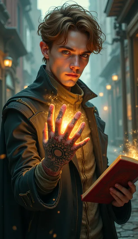 man (((Young 25 years old))) haired (((light brown)))  and with a hand painted with tattoos and an aura (((Magic around the right hand and a red book on the left hand ))), digital art by Galen Dara,  trending on Pixabay  , Gothic art, huge hands of steampu...