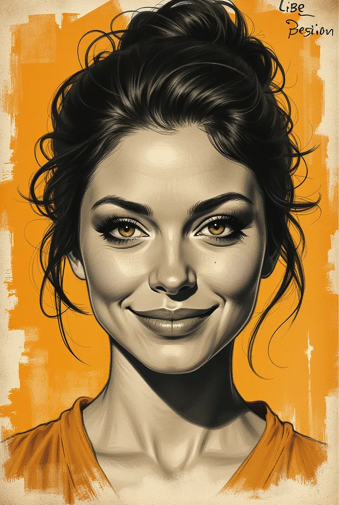 smiling woman with a raised eyebrow with a warning expression. sketche, color palette from amber to detail, detailed features, b...