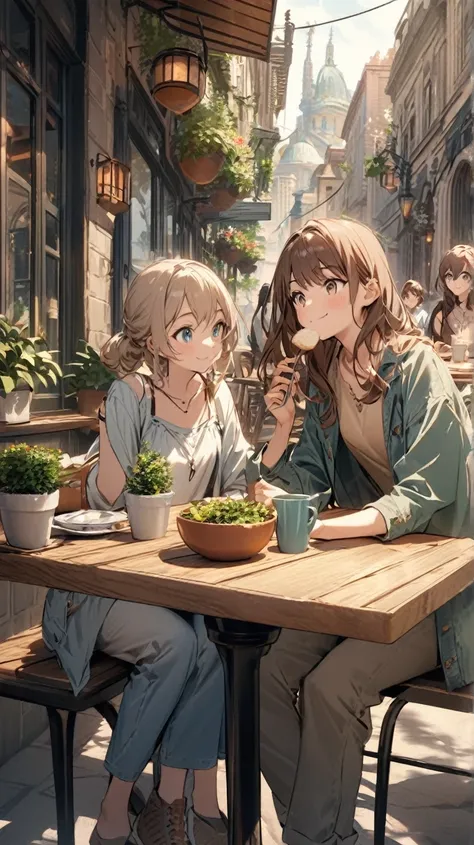 The young crush is sitting across from them at an outdoor café table, eating comfortably without a hint of nervousness. The main character watches them with a small, curious smile, trying to interpret this casual behavior. The café has a relaxed atmosphere...