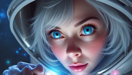 (Close-up of a better masterpiece :1.5)0.9], (Espace et astronautes :1.2) (Messy silver hair :1.1) (Xanthochromic heterochromia and blue eyes :1.2) (Casque spatial :1.0) (Étoiles colorées dans les yeux :1.0) (Un éclat rayonnant :1.1) ( thick lips  :0.9) pa...