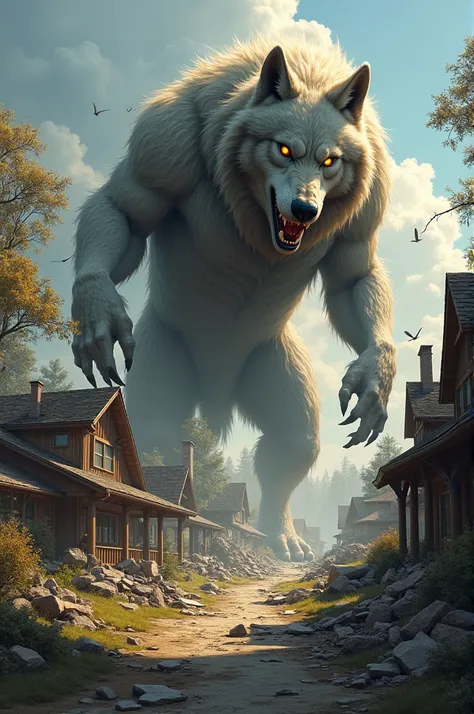 A giant wolf destroyed a house
