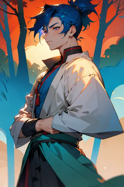 1male, Young Adult, Steel Blue Hair, Short Ponytail, Crimson Eyes, Undercut, Loose Arabian Clothing, Forest Background, Masculine, Feral