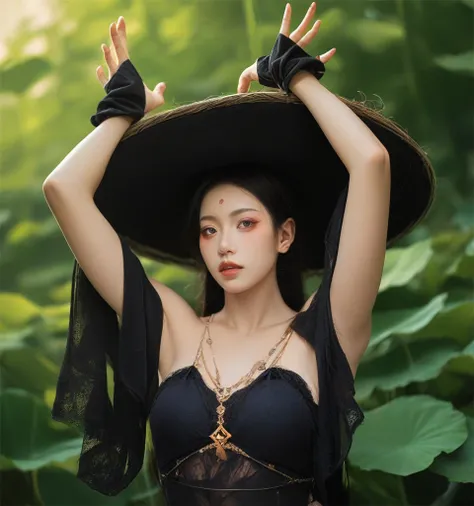 Put your hands high above your head in a Japanese witch costume 