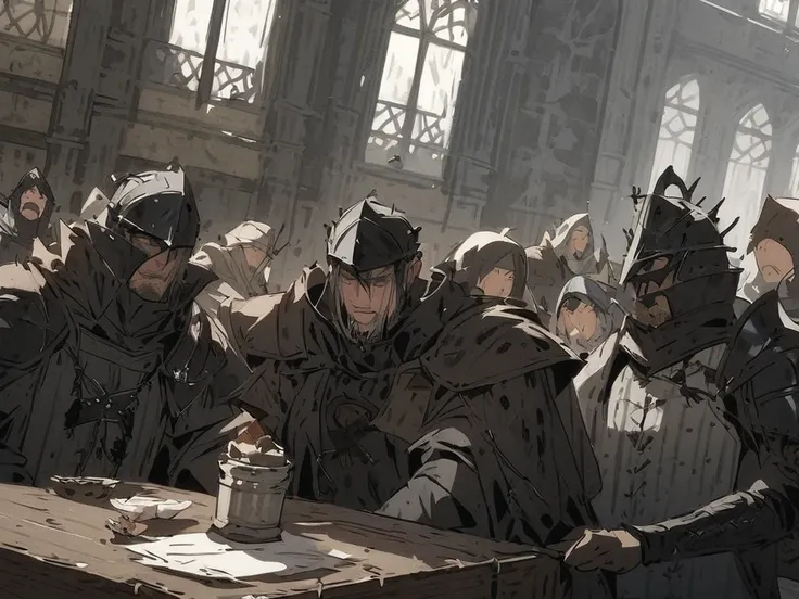 Medieval knights at the round table playing with different faces on phones