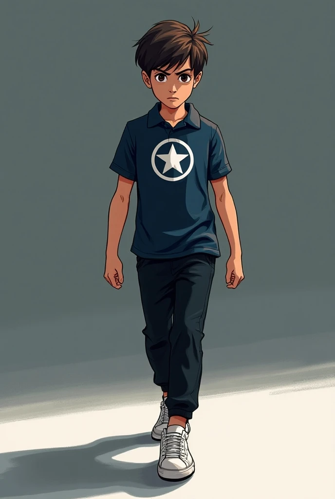 Create an illustration with a dramatic and realistic style with shadows showing a 17-year-old boy walking towards the spectator in a determined walking pose, with arms on each side , clenched fists and a slightly forward leg , with a serious and determined...