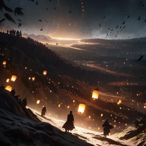 lanterns with feathers floating in the air, multiple lanterns floating in the sky, night, (silhouette crowd), crowd looking up at the sky, on a hill, detailed lighting, cinematic atmosphere, dramatic lighting, moody lighting, fantasy landscape, highly deta...