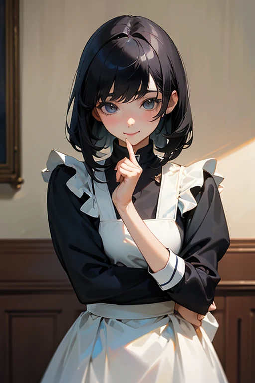 (  highest resolution, Clear_image) Best Quality, single, One woman, Alone, masterpiece,   very detailed, Semi-realistic, Black Hairのショートヘア, Black Hair, bangs, 18 years old, Mature, light blue uniform, uniform,   indoor background, kind, Dignified, Powerfu...