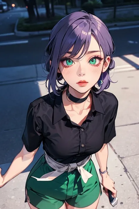 (Best Quality)、(Best Quality)、cut、    Chainsaw Man 、cute、(    choker).   Emerald Eyes   、Her hair is purple    、    short bob、beautiful　whole body、     Details、Powerful Details、cut、(((    shorts)).(( face as an image )).((Please save Liptsuya )).((   is em...