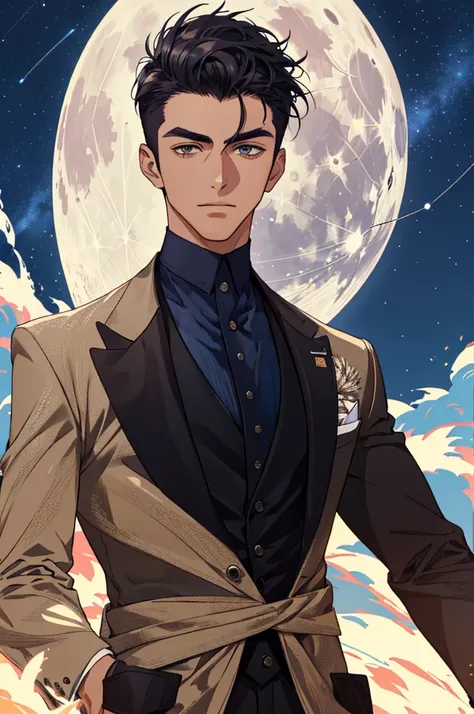 Draw a full-fledged footballer，Standing on the steppe at night，He wears a fancy suit，The man looks confident and determined，looking-down，Crew cut，full bodyesbian，Stars dot the sky，shooting from below，Big moon highlights background