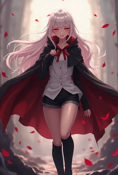 young woman, white pinkish long hair ,  cunning cold, raging Scarlet red eyes, dark cloak,  stylish clothes suitable for the rulers hero,  black long ankle boots with heels ,  short tight shorts , anime,  art, large ajar chest, big open ass