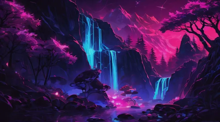 a brightly lit waterfall in a mountainous landscape with trees and rocks, (magic self luminicent mushrooms), epic retrowave art, violet theme, 21:9, neon and dark, dark woods in the background, inspired by Nōami, header, by Tyler Jacobson, by Edward Okuń